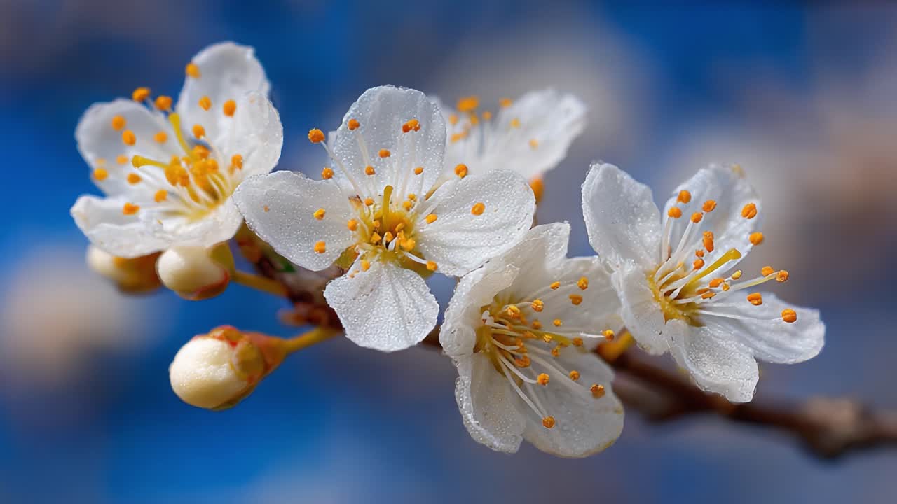 Delicati Fiori Bianchi con Vivaci Stami Gialli Contro un Cielo Azzurro Limpido, Catturati in uno Splendido Dettaglio Ravvicinato