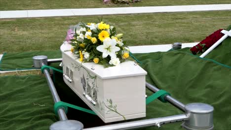 closeup shot of a funeral casket in a hearse or chapel or burial at cemetery