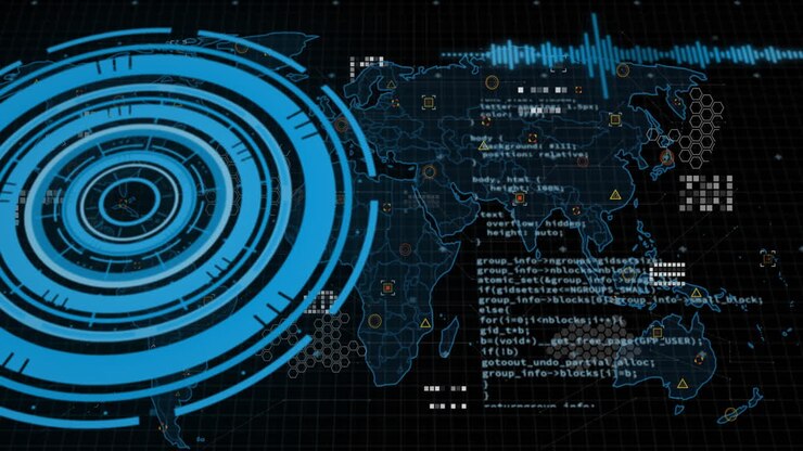 Animation of data processing and world map over black background