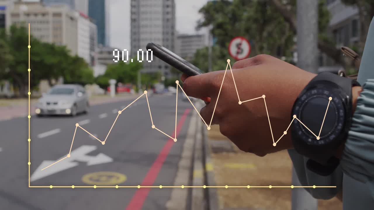 스마트폰을 사용하는 아프리카계 미국인 여성에 대한 비즈니스 데이터의 애니메이션