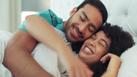 Happy-couple,-sleep-and-a-hug-in-bed