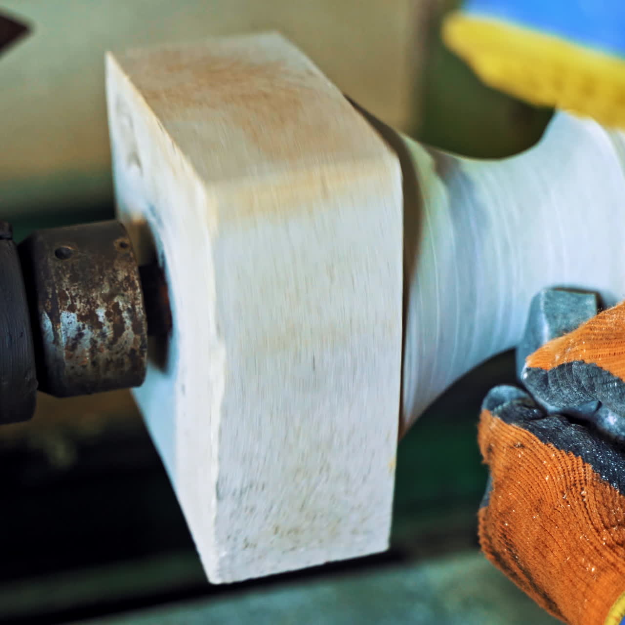 Man worker in protective mask and special uniform polishes stone at workshop. Laborer is working on the industrial machine in manufacture. Close-up