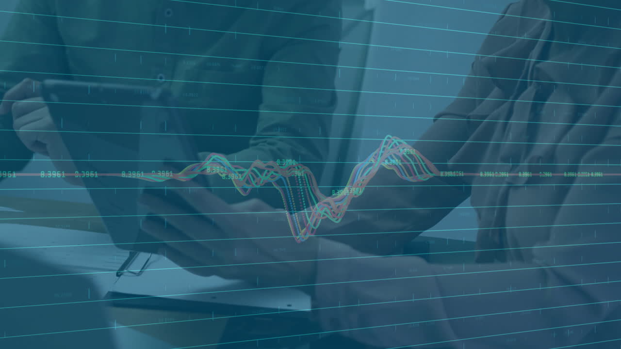 Animazione di analisi dati finanziari su professionisti d'affari che lavorano su tablet