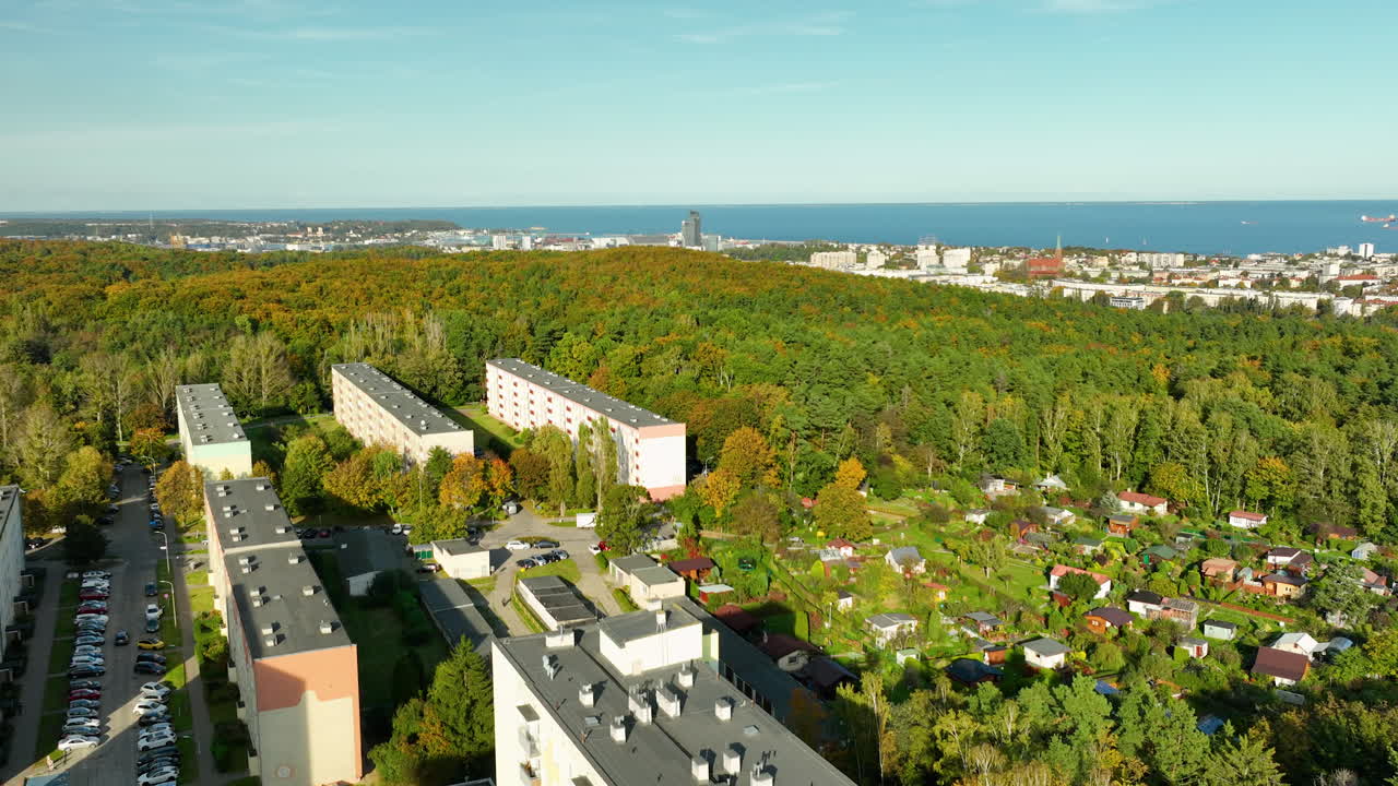 Panoramic aerial view of a residential area surrounded by forest with a coastal city skyline in the distance