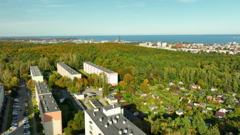 panoramic aerial view of a residential area surrounded by forest with a coastal city skyline in the distance