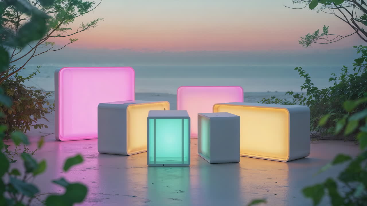 Vibrant Modern Outdoor Lamps Glowing on a Beach at Sunset