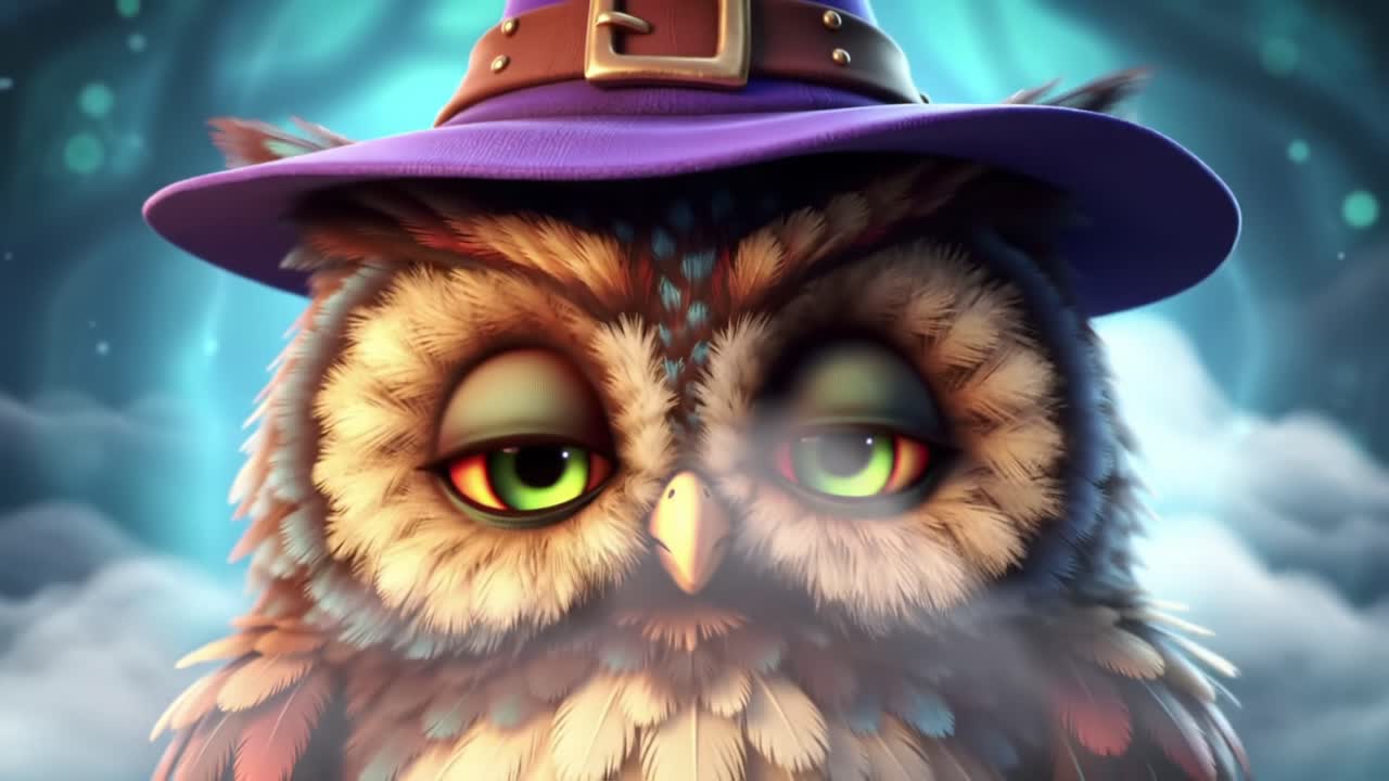 Affascinante gufo animato con un cappello viola, circondato da nuvole mistiche e un'atmosfera da sogno, che cattura con la sua espressione incantevole e la sua presenza enigmatica