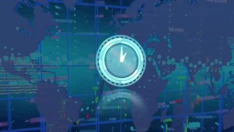 Animation-of-neon-ticking-clock-over-financial-data-processing-against-world-map-on-blue-background