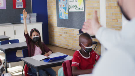 diversos escolares sentados en el aula levantando las manos durante la lección, todos con máscaras faciales