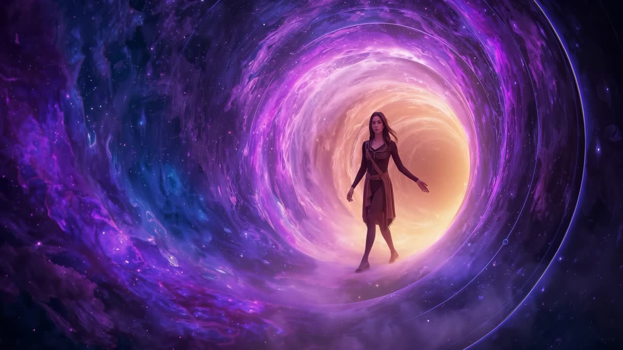 Woman traveling through a cosmic portal