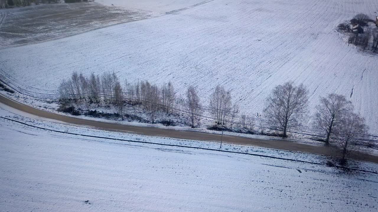 유럽 라트비아의 겨울철 설원 사이에 벌거벗은 나무가 있는 비포장 도로