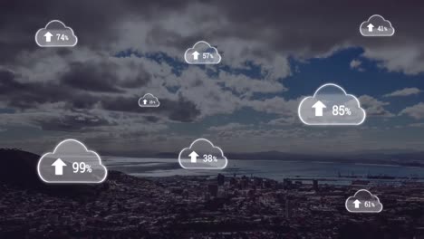 Animation-of-cloud-icon-with-percentage-and-city-in-background