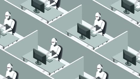 espacio de trabajo de oficina de cubículo. robots humanoides trabajan duro en la computadora