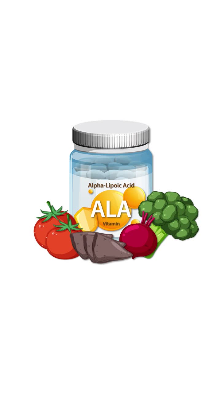 Flacone di vitamine con acido alfa-lipoico con verdure che appaiono gradualmente, sfondo bianco pulito, transizioni fluide.