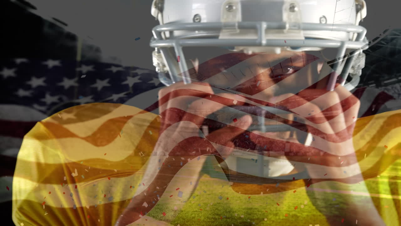 Animazione di bandiera USA sventolante e coriandoli che cadono su un giocatore di football americano