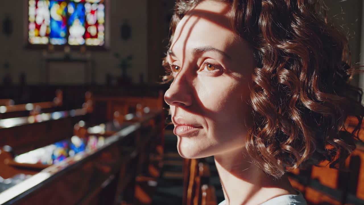 Profile view of a woman in a church, sunlight casting shadows on her face