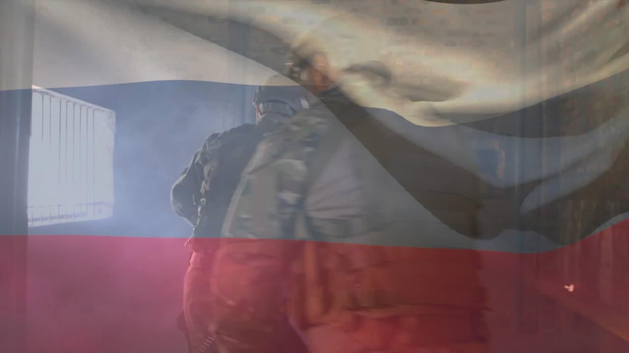 Entry team sweeping brick room in military training after flag overlay appearing, inspecting object