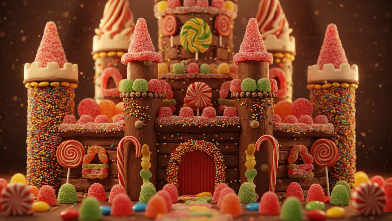 A Colorful Chocolate and Candy Castle Crafted from Desserts and Sweets, Showcasing Impeccable Detailing in a Whimsical and Playful Fantasy World