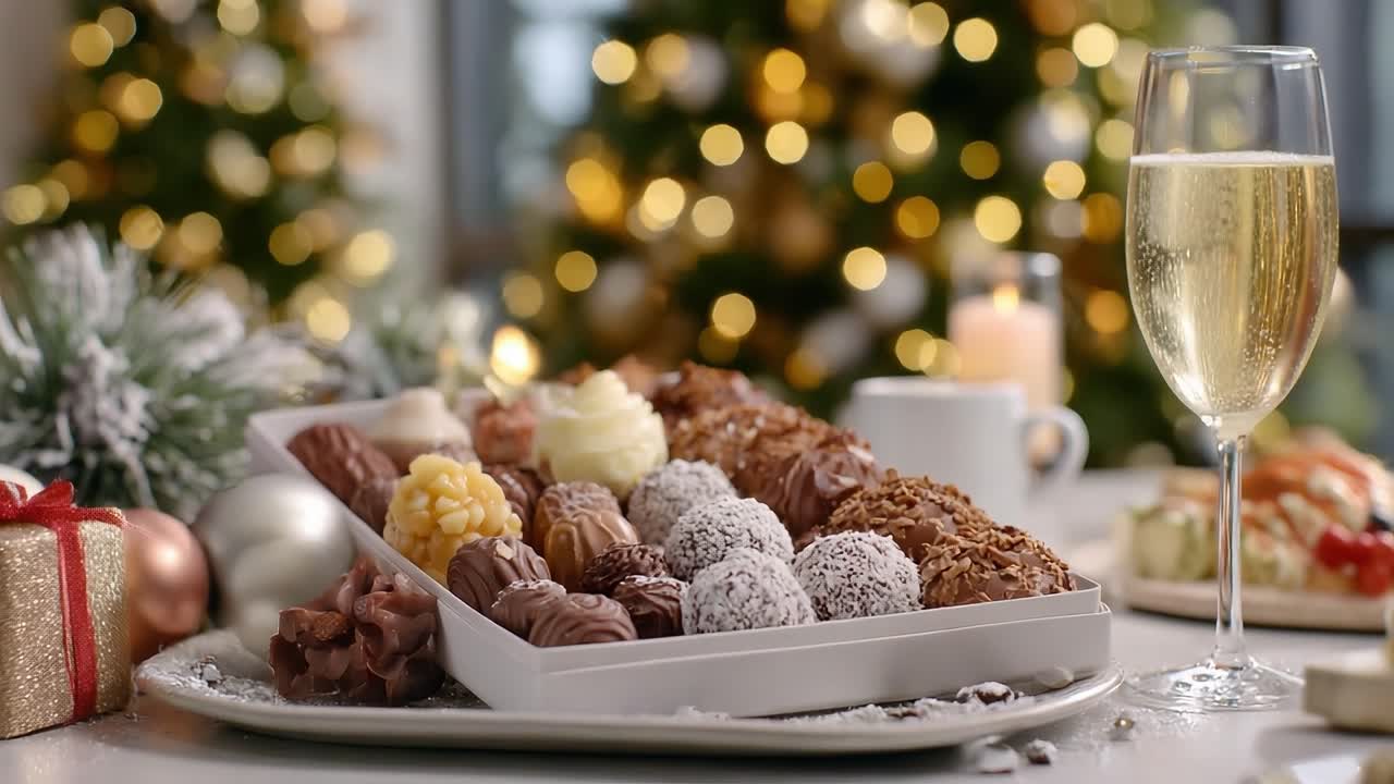 A Beautiful Festive Table Setting Featuring Exquisite Chocolates and Sparkling Wine, Surrounded by Christmas Decorations, Bringing Joy and Celebration to the Holiday Season