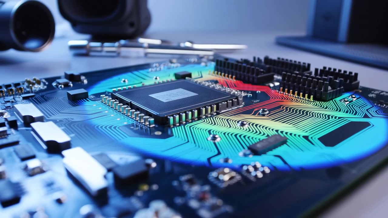 Close framing shifts gently across an integrated circuit on a printed board, revealing glowing pathways, metallic contacts, dark connectors, and cool blue light with red accents.