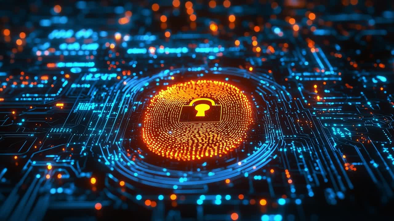 Digital security on circuit board. Colorful digital rendering highlights a secure lock symbol on a circuit board, representing cybersecurity in technology.