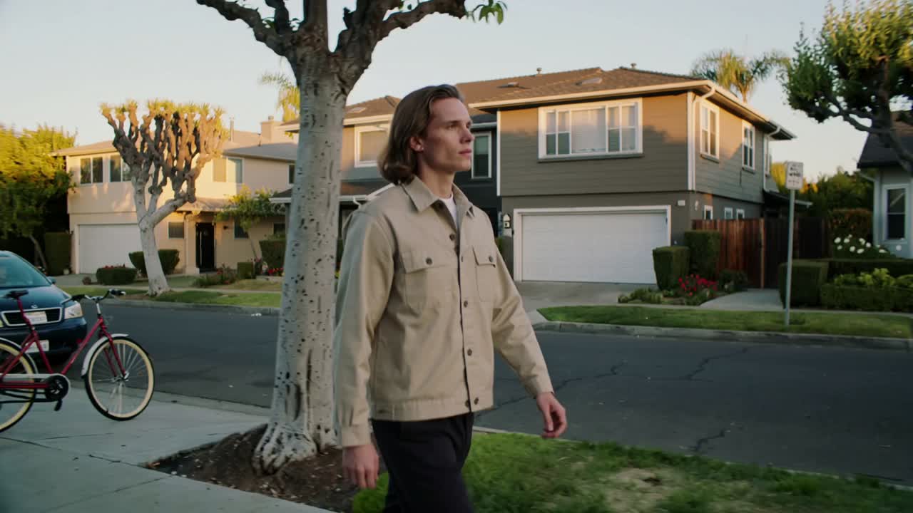 Walking man turning head right while scanning houses across suburban sidewalk, passing bicycle