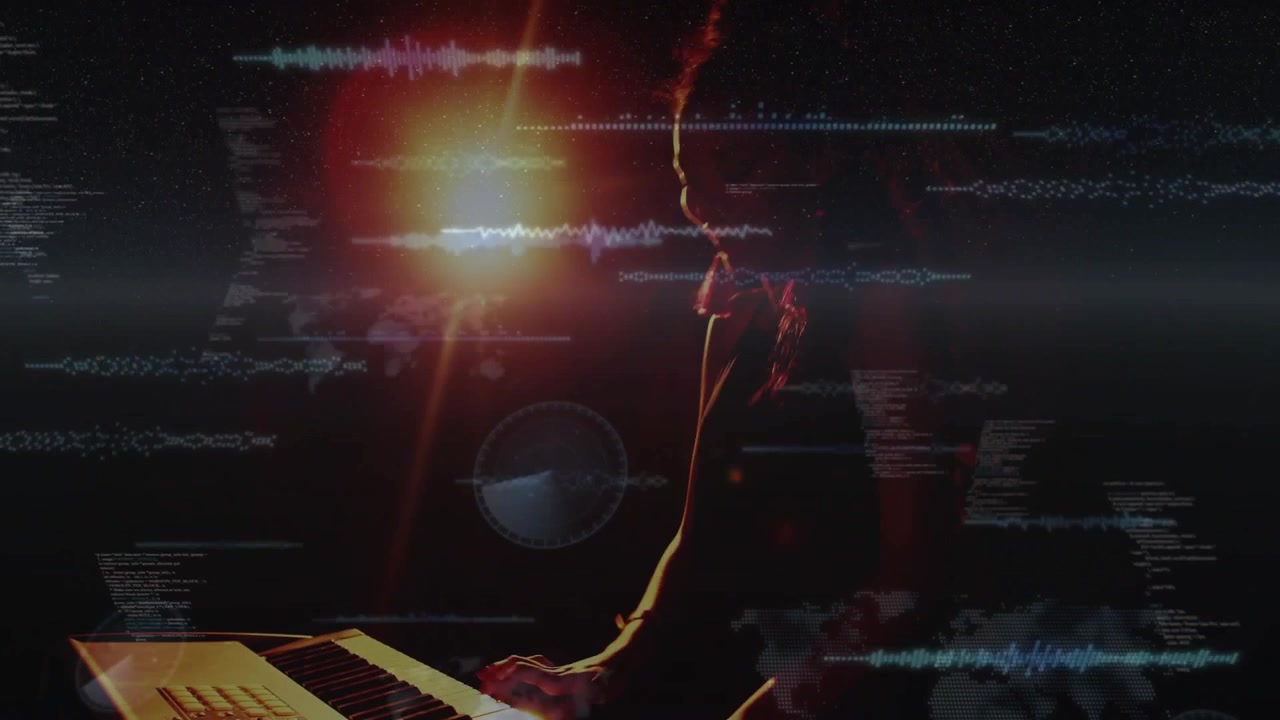 Vertical video: Woman playing keys with dim spotlight causing waveform HUDs over her for music