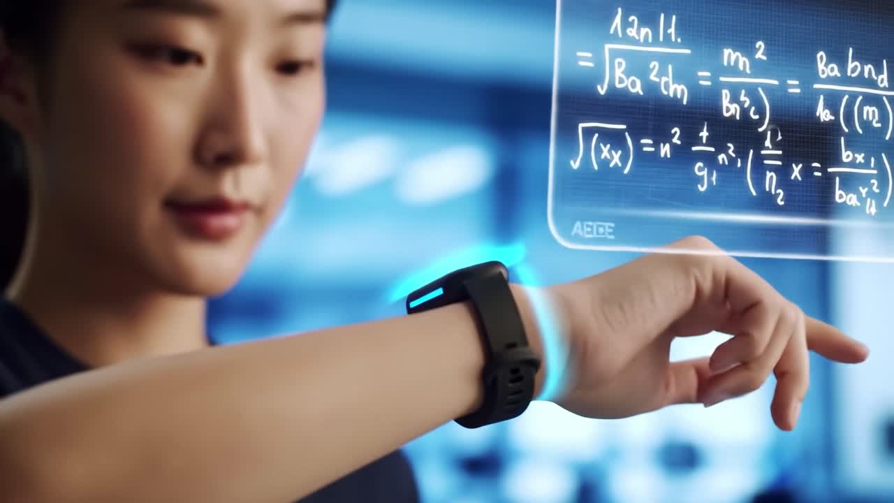 Woman interacting with smartwatch displaying complex equations