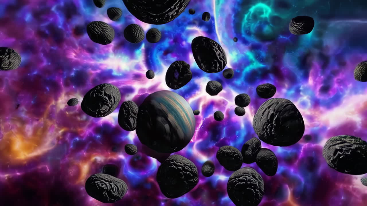 Asteroid Field in a Vibrant Nebula