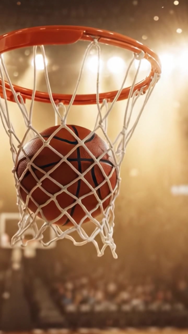 Um Momento Eletrizante de Basquete: Uma Bola em Movimento se Aproximando da Cesta Sob as Luzes Brilhantes de um Jogo Emocionante, Capturando a Essência do Atletismo e da Emoção