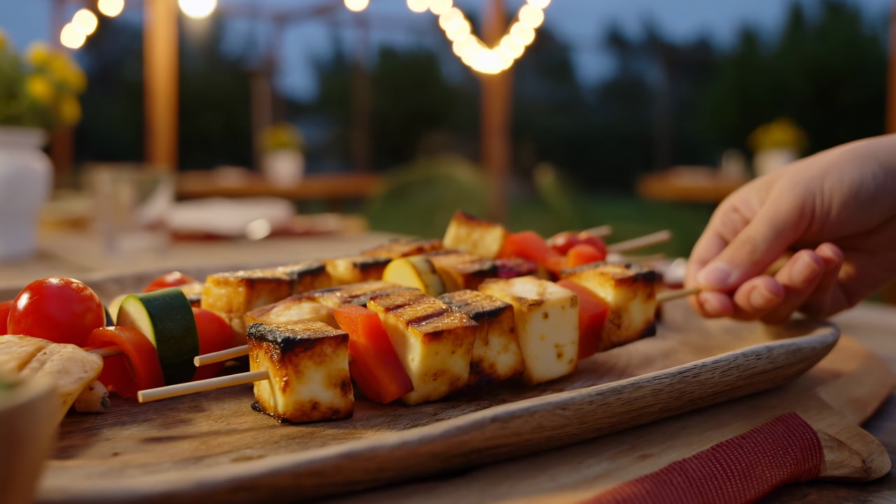 Evening Backyard Skewers On Wooden Board, Grilled Halloumi And Vegetable Skewers Under Warm String Lights,