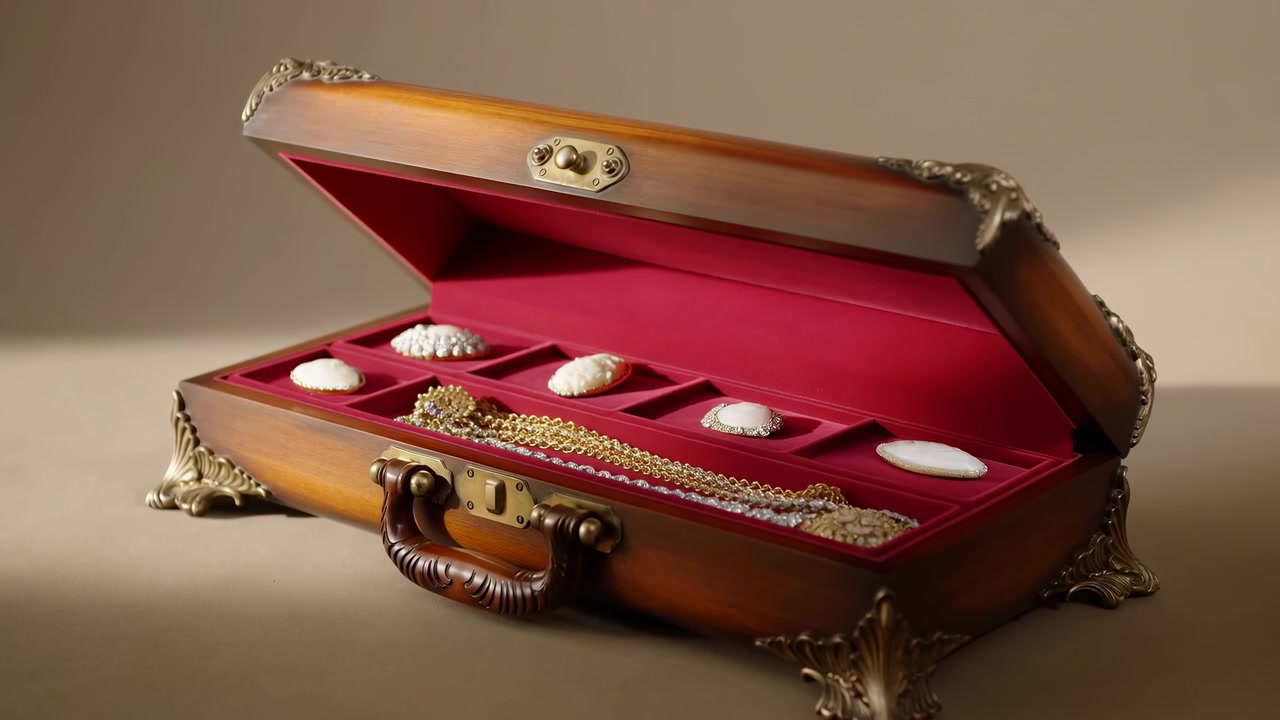 Una pequeña caja decorativa de madera con acentos metálicos en las esquinas y un interior de terciopelo rojo abierto se encuentra centrada sobre una superficie de estudio lisa bajo una suave iluminación lateral, proyectando una sombra cálida.