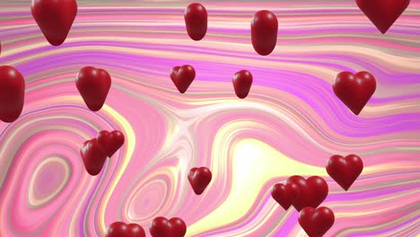 animation of red hearts over multi coloured striped background