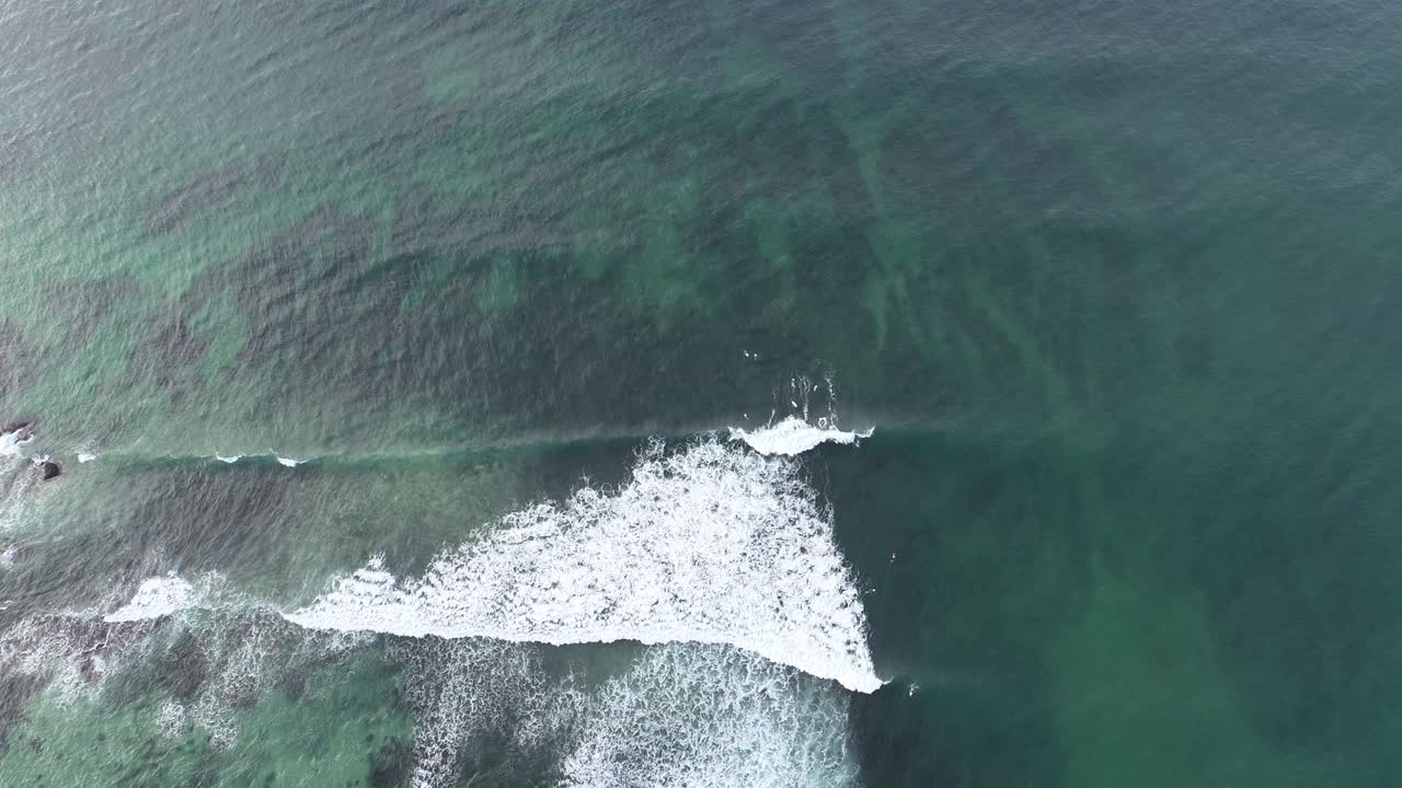 공중 사진: 바다의 파도, 한 마리의 거북이가 파도 속에서 헤엄치고 있는 장면.