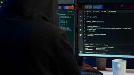 close up of hacker running code in apartment on pc monitors