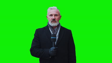 tv live news programme: caucasian male presenter reporting green screen chroma key screen picture. television cable channel anchor talks. network broadcast mock-up playback