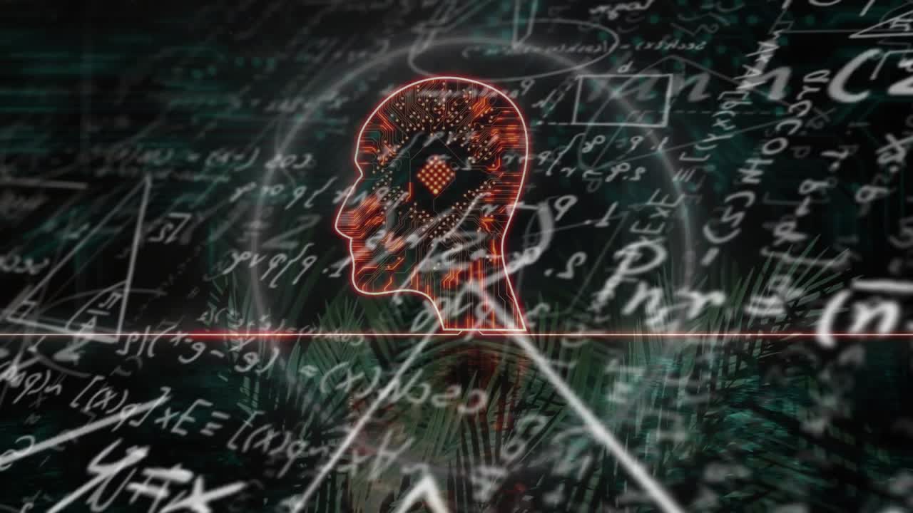 Red line sweeping grid initiating neon-red head revealing pulsing data nodes for digital insight