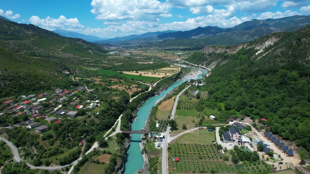 Vjosa River Valley Colorful Panorama Turquoise Water Flowing Through Fields and Rolling Green Hills