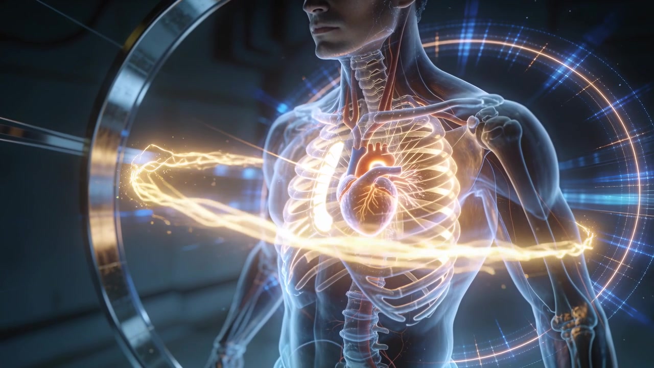 Gantry activating, model revealing ribs for imaging as gold band circling chest, heart glowing