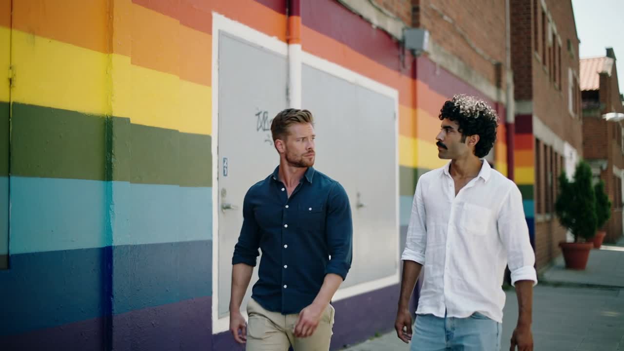 Entering left, two men in navy and white shirts walking, talking, passing rainbow wall on sidewalk