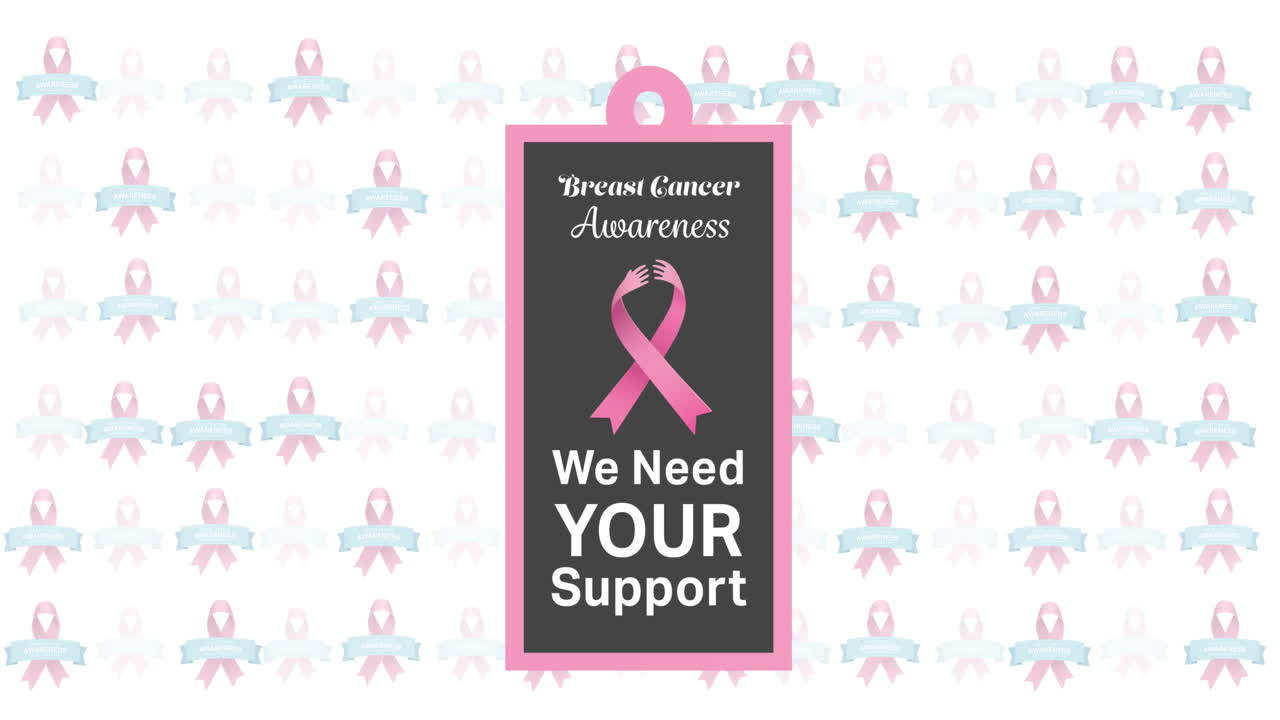 핑크색 유방암 리본 위에 유방암 인식 텍스트의 애니메이션