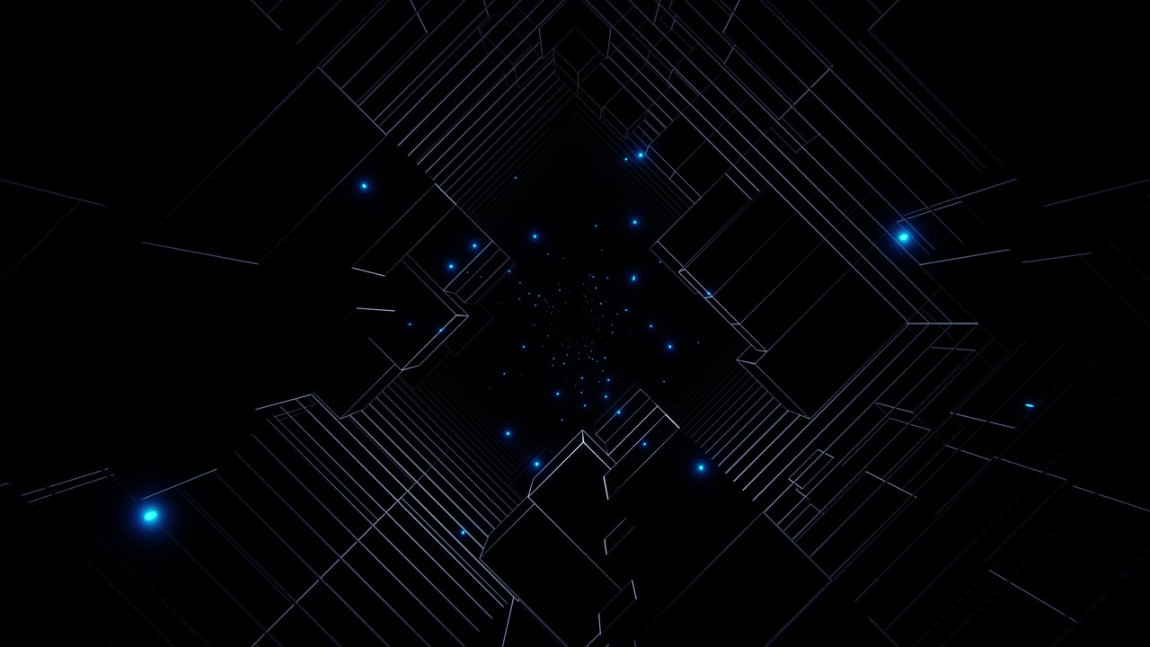 Futuristic Digital Tunnel with Glowing Blue Grid and Sparks