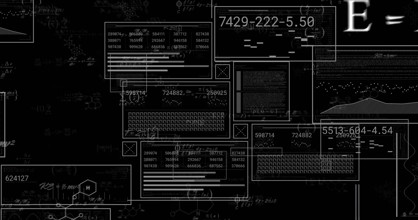After vertical line appearing panels emerging highlight moving formulas pulsing creating interface