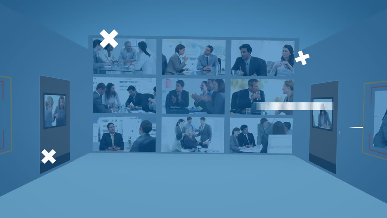 회의에서 비즈니스 동료를 보여주는 화면에서 데이터 처리의 애니메이션