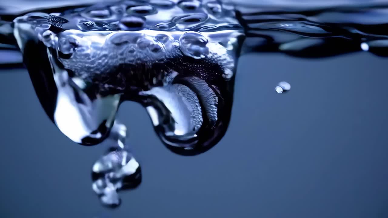 Close-up video of water droplets captured underwater, showcasing fluid motion and reflections