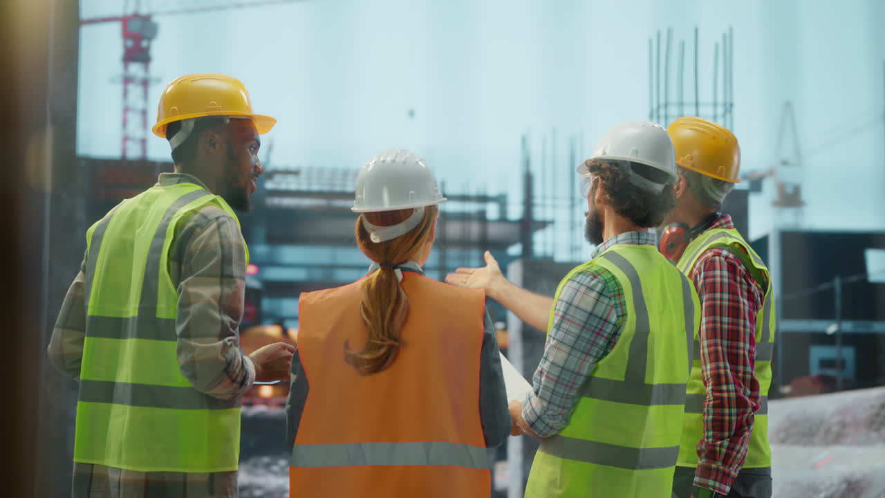 Construction Team Discussing Blueprints and Overseeing Site Progress