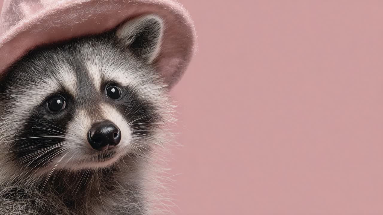 Adorable Raccoon Showcasing Its Charms in a Stylish Pink Hat Against a Soft Pink Background, Captivating Hearts with Its Playful Expression and Fluffy Fur