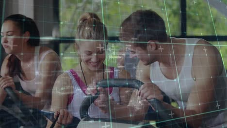 Animation-of-digital-interface-with-squares-over-people-exercising-in-gym