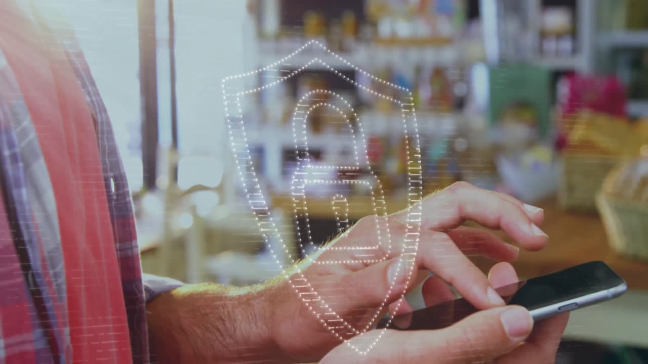 animación de un candado sobre un hombre caucásico usando un teléfono inteligente