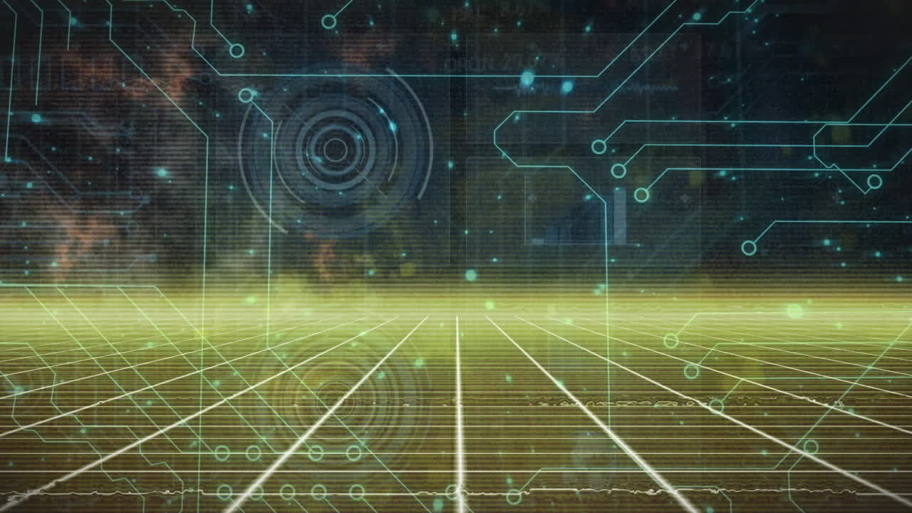 Animation of digital screen with dots, processing circles and integrated circuit